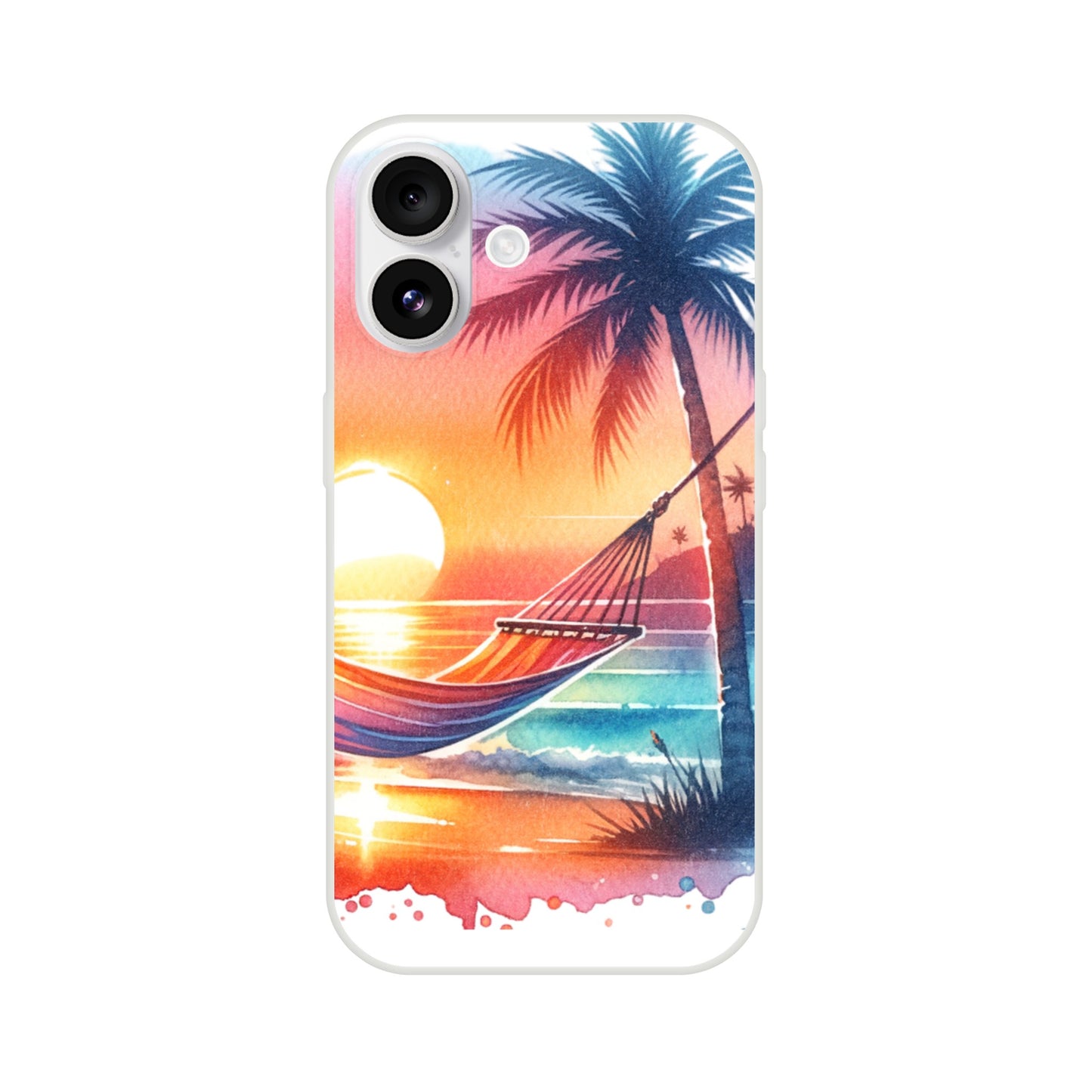 iPhone case with a tropical design featuring a hammock, palm tree, and sunset 3