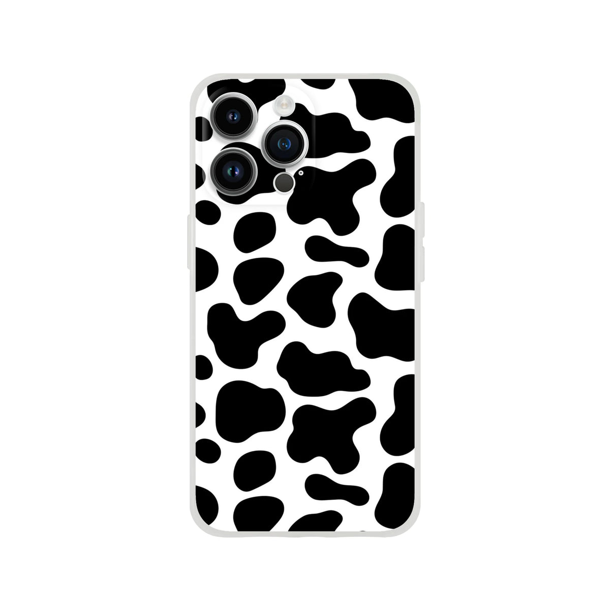 Black and white cow-print iPhone case for iPhone 13–16 with bold Y2K animal style.