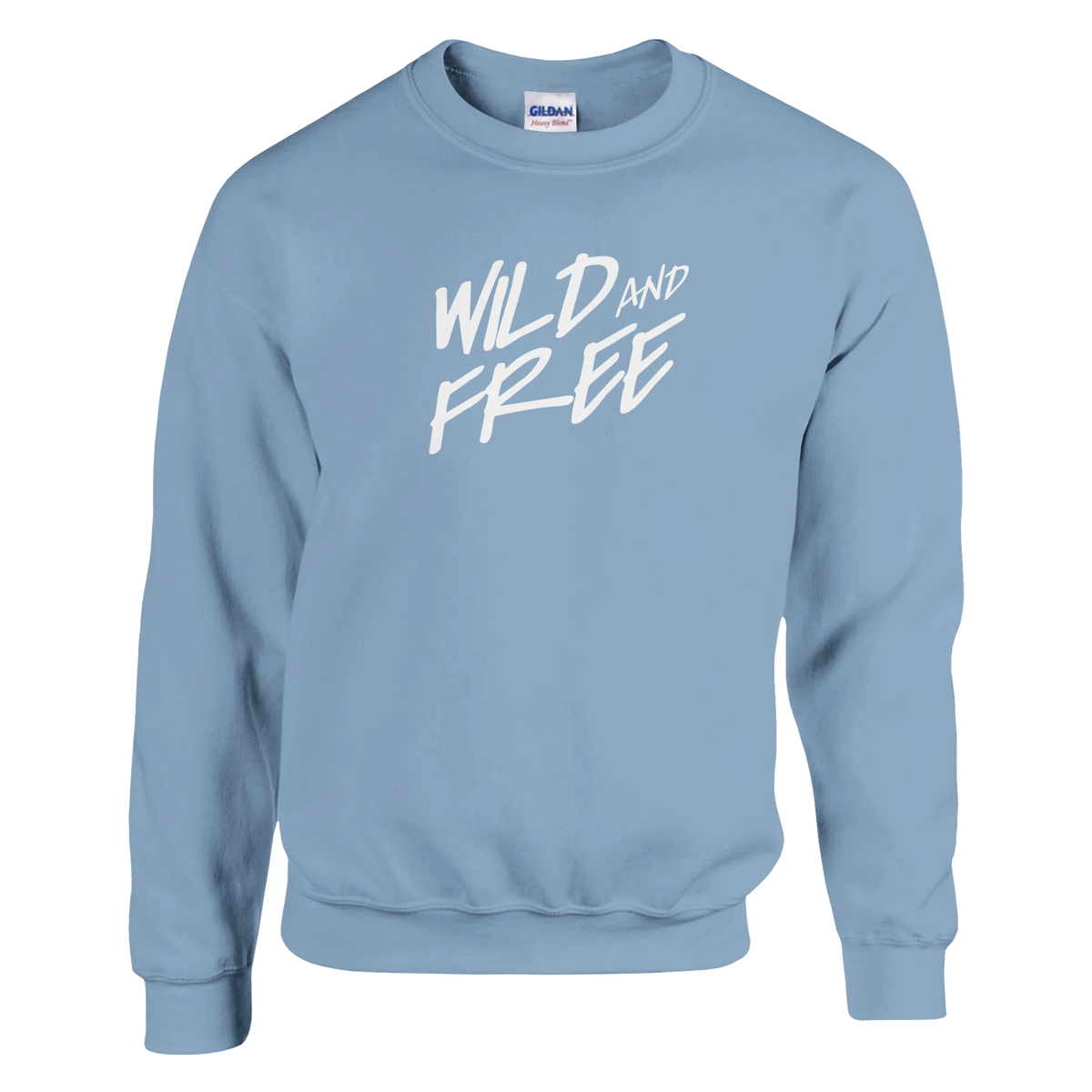 Light blue Cute Wild And Free Sweatshirt for women with white 'WILD AND FREE' slogan.