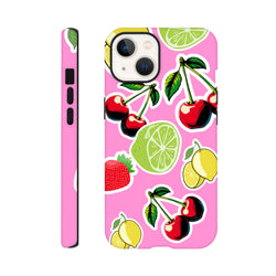 Pink tough iPhone case featuring cherry, lime, and lemon sticker art. Shock-absorbing shell with bold fruit design for streetwear style.