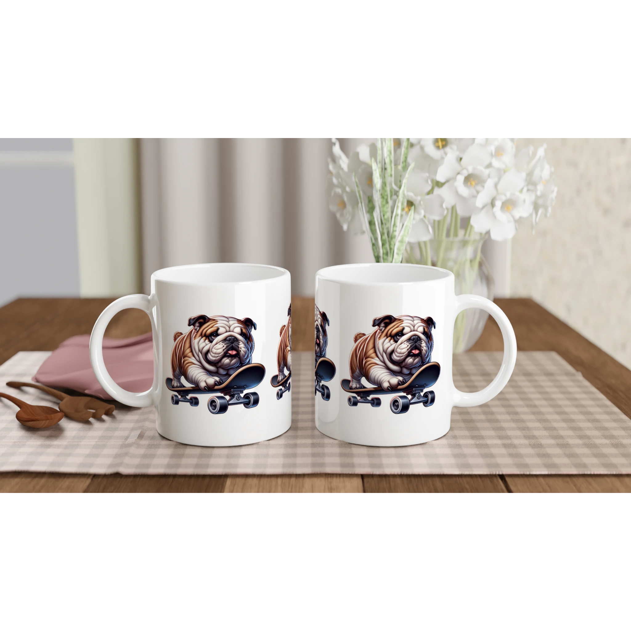 Pair of white ceramic mugs featuring a skateboarding bulldog graphic, ideal gift for him.