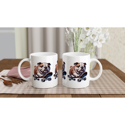 Pair of white ceramic mugs featuring a skateboarding bulldog graphic, ideal gift for him.