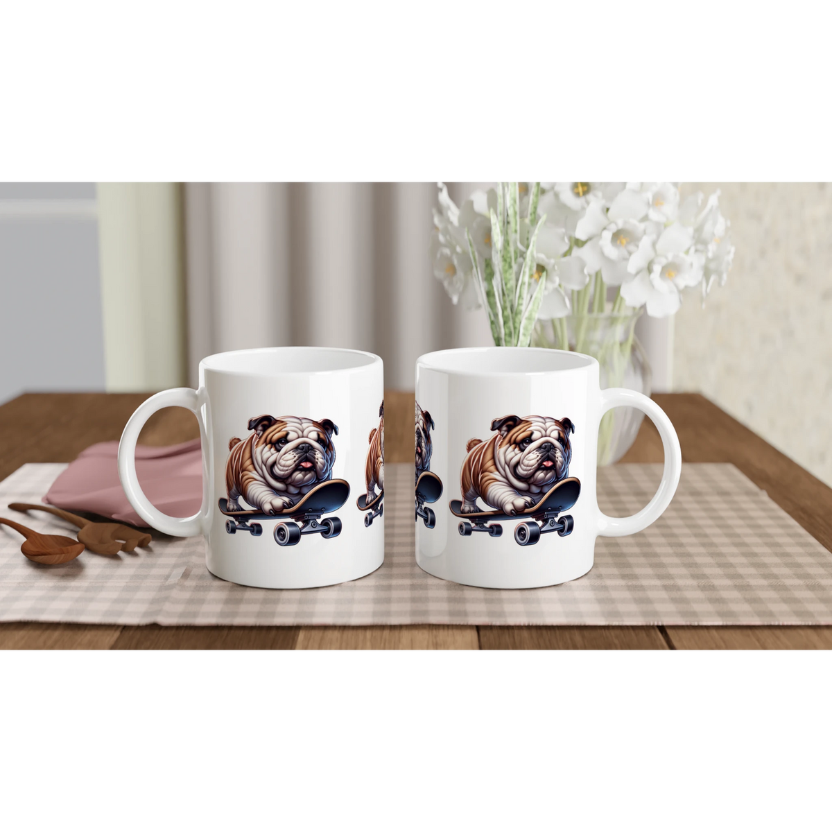 Pair of white ceramic mugs featuring a skateboarding bulldog graphic, ideal gift for him.