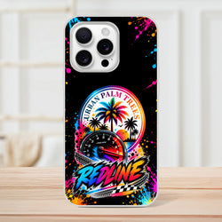 Redline car culture iPhone case featuring colorful Urban Palm Trees RPM gauge, neon splatters, and retro checkered racing flag design.