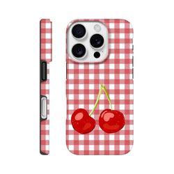 Red and white gingham iPhone case featuring a cute cherry illustration. Tough protective cover with crisp checkered pattern for streetwear style.
