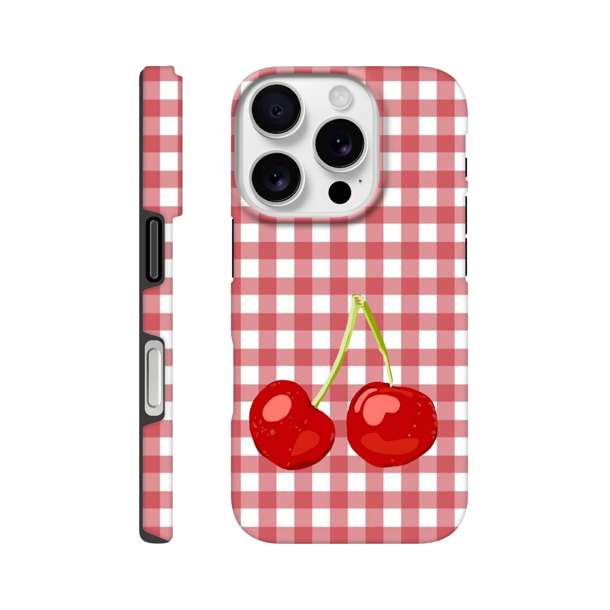 Red and white gingham iPhone case featuring a cute cherry illustration. Tough protective cover with crisp checkered pattern for streetwear style.