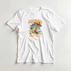 White women's cotton-blend t-shirt with a colorful tropical cocktail graphic, palm trees, umbrella, and sun.