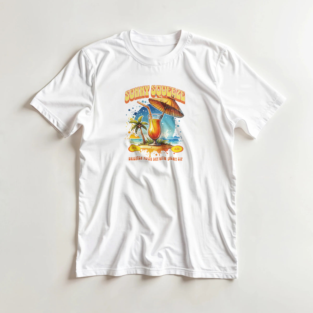 White women's cotton-blend t-shirt with a colorful tropical cocktail graphic, palm trees, umbrella, and sun.