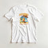 White women's cotton-blend t-shirt with a colorful tropical cocktail graphic, palm trees, umbrella, and sun.