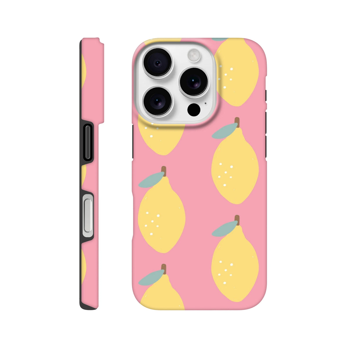 Pink iPhone case featuring a cute yellow lemon pattern with green leaves, offering tough protection and stylish fruit design for daily use.