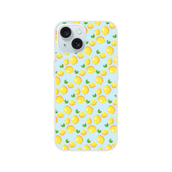 Blue mini lemon-pattern iPhone case for 13-16; slim, lightweight, matte finish.