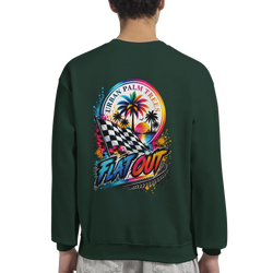 Dark green petrolhead sweatshirt back featuring a colorful graphic of a checkered flag, palm trees, and Flat Out text with tire tracks.