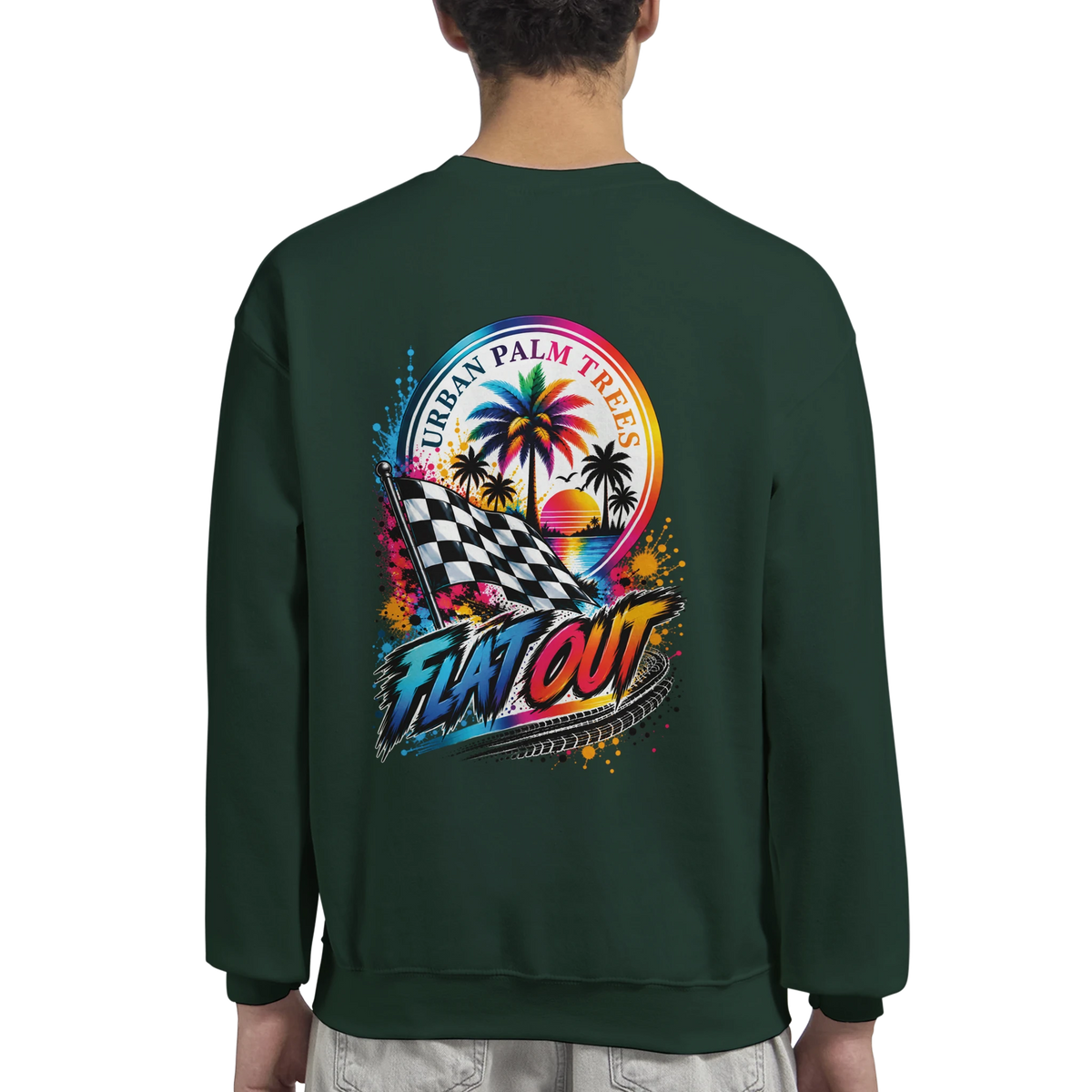 Dark green petrolhead sweatshirt back featuring a colorful graphic of a checkered flag, palm trees, and Flat Out text with tire tracks.