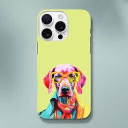 Vibrant pop art dog wearing yellow glasses and jacket on a tough iPhone case for bright pet lover protection.