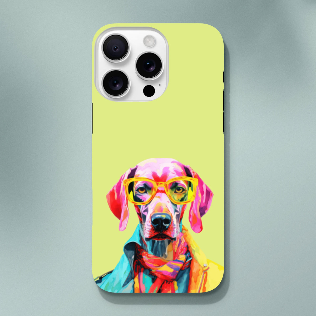 Vibrant pop art dog wearing yellow glasses and jacket on a tough iPhone case for bright pet lover protection.