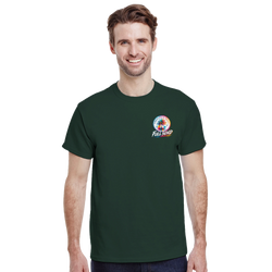 Man wearing dark green Full Send petrolhead graphic tee featuring a retro palm tree circular logo on the chest.