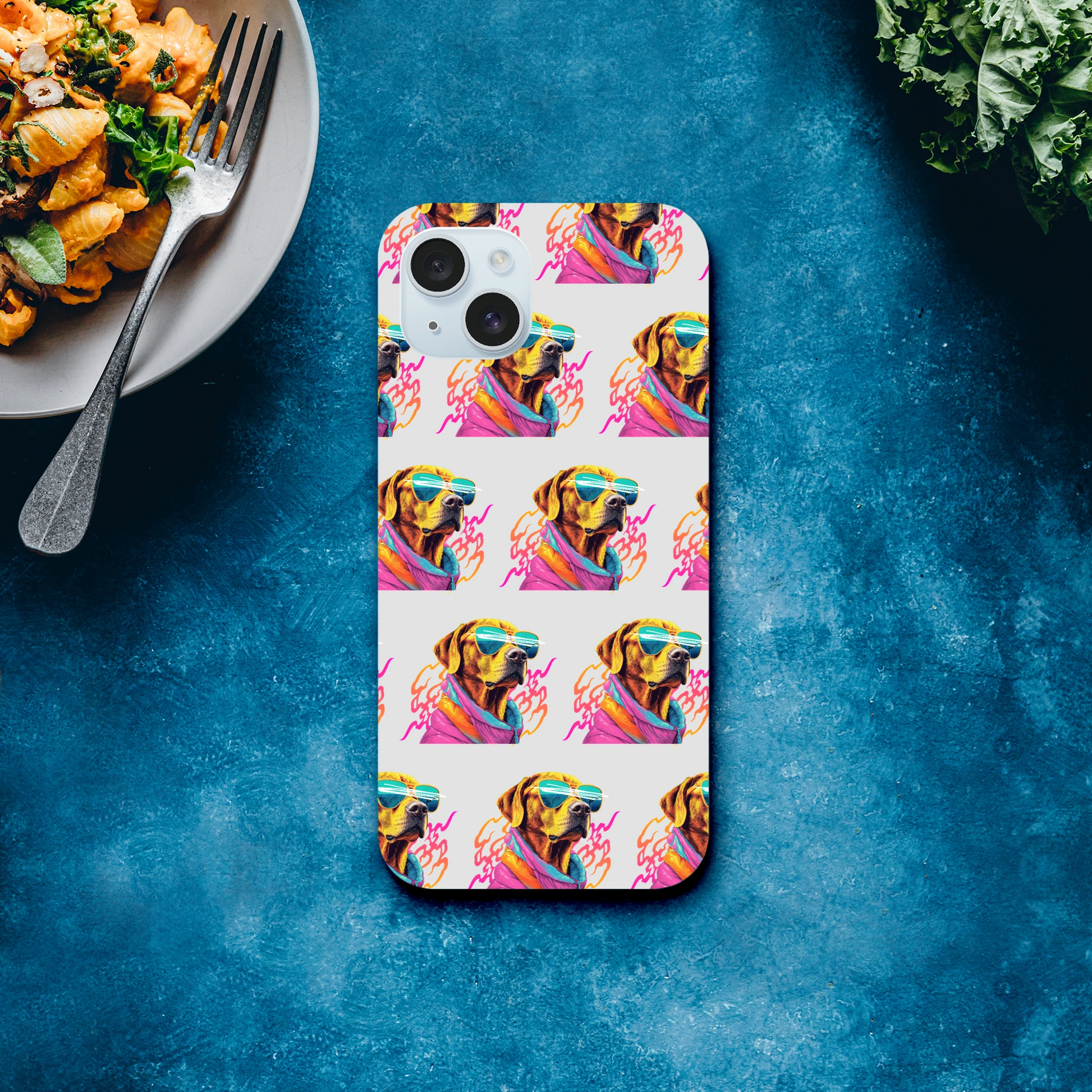 Tough dual-layer iPhone case for 16/15/14/13 with a repeat pattern of a cool dog wearing sunglasses and a glossy wraparound print.