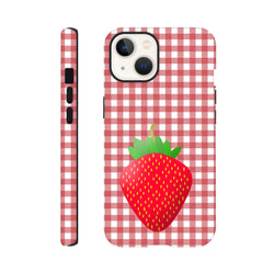 Red and white gingham iPhone case featuring a large cartoon strawberry. Durable checkered phone cover with protective sides.