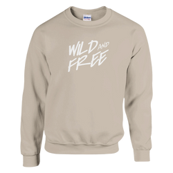 Beige women's crewneck sweatshirt featuring white "WILD AND FREE" script; Gildan tag visible.