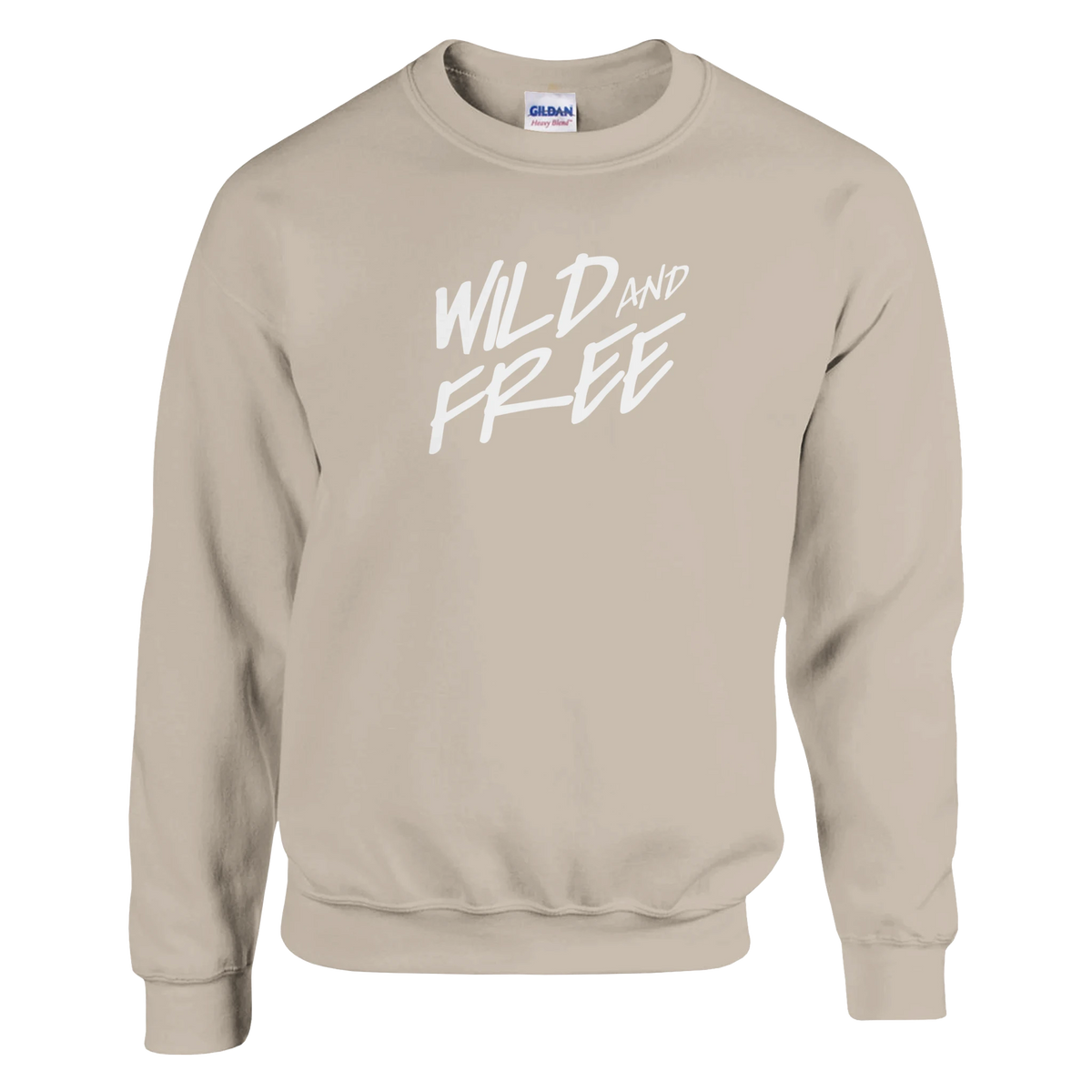 Beige women's crewneck sweatshirt featuring white "WILD AND FREE" script; Gildan tag visible.