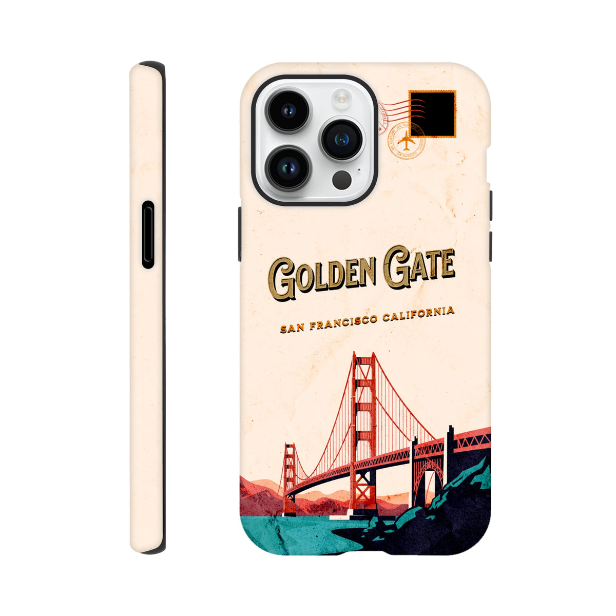 Retro postcard style iPhone case featuring Golden Gate Bridge illustration, vintage stamp graphic, and "Golden Gate San Francisco California" typography.