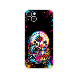 On Boost iPhone case featuring a colorful turbocharger, Urban Palm Trees sunset, and splatter art design for petrolheads.