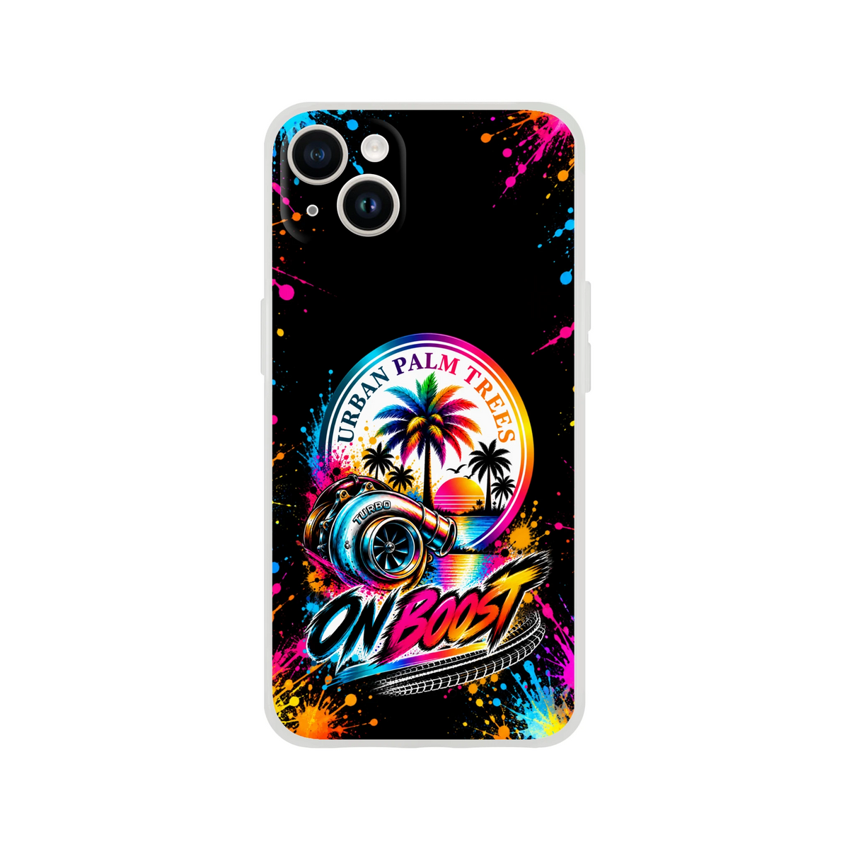 On Boost iPhone case featuring a colorful turbocharger, Urban Palm Trees sunset, and splatter art design for petrolheads.