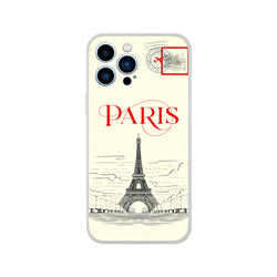 Vintage postcard-style iPhone case featuring Paris motif, Eiffel Tower, and a postal stamp design.