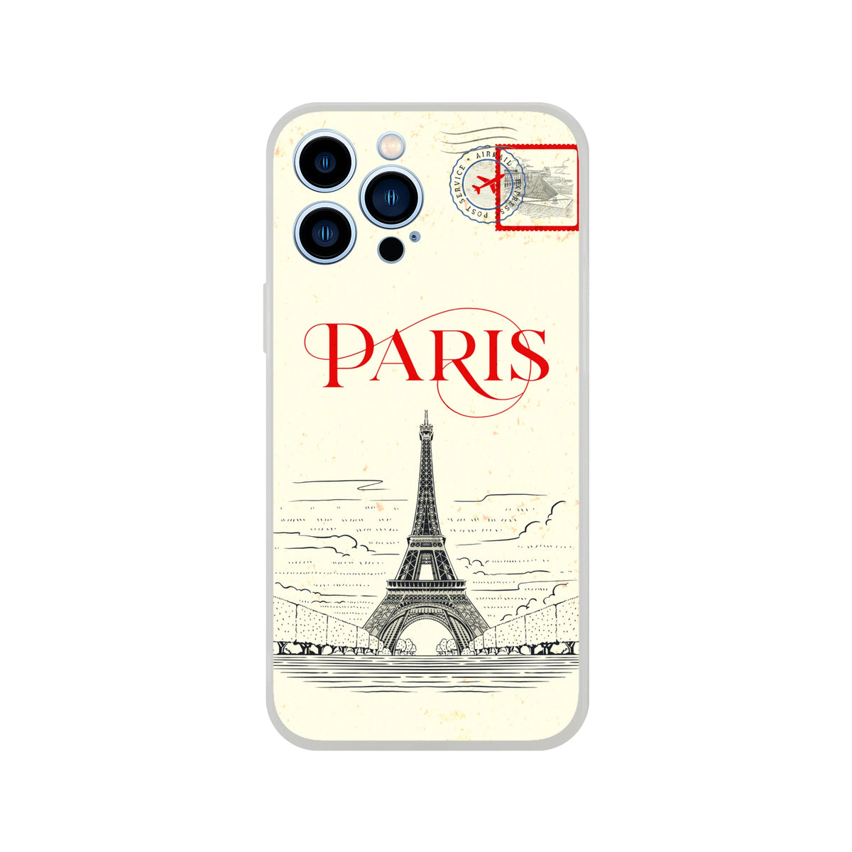 Vintage postcard-style iPhone case featuring Paris motif, Eiffel Tower, and a postal stamp design.