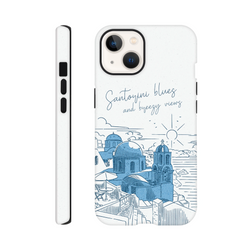 White iPhone case featuring a blue line art illustration of Santorini domes and the sea with "Santorini blues and breezy views" text.