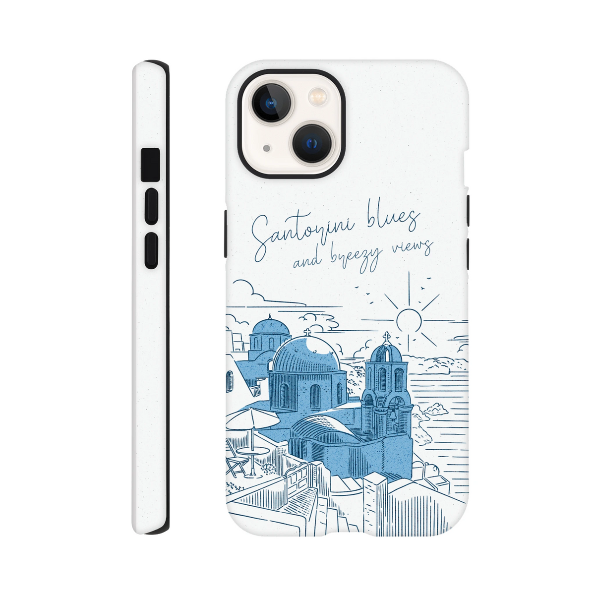 White iPhone case featuring a blue line art illustration of Santorini domes and the sea with "Santorini blues and breezy views" text.