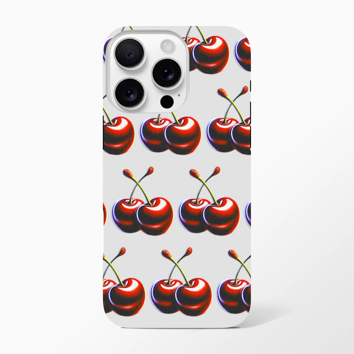 Cherries wraparound pattern on tough protective iPhone case with dual-layer glossy finish for iPhone 16/15/14/13.