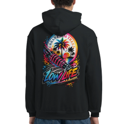 Black hoodie back featuring "Low Life" graphic with pink coilover shock, palm trees, sunset, and tire tracks.