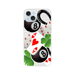 Transparent iPhone case featuring lucky charm graphics with an Ace of Hearts, 8-ball, four-leaf clover, horseshoe, and dice.