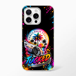 Tucked stance car culture iPhone case featuring lowered silver sedan, colorful palm trees, and vibrant paint splatter artwork.