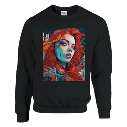 Black sweatshirt with a vivid pop-art portrait of a redhead woman.
