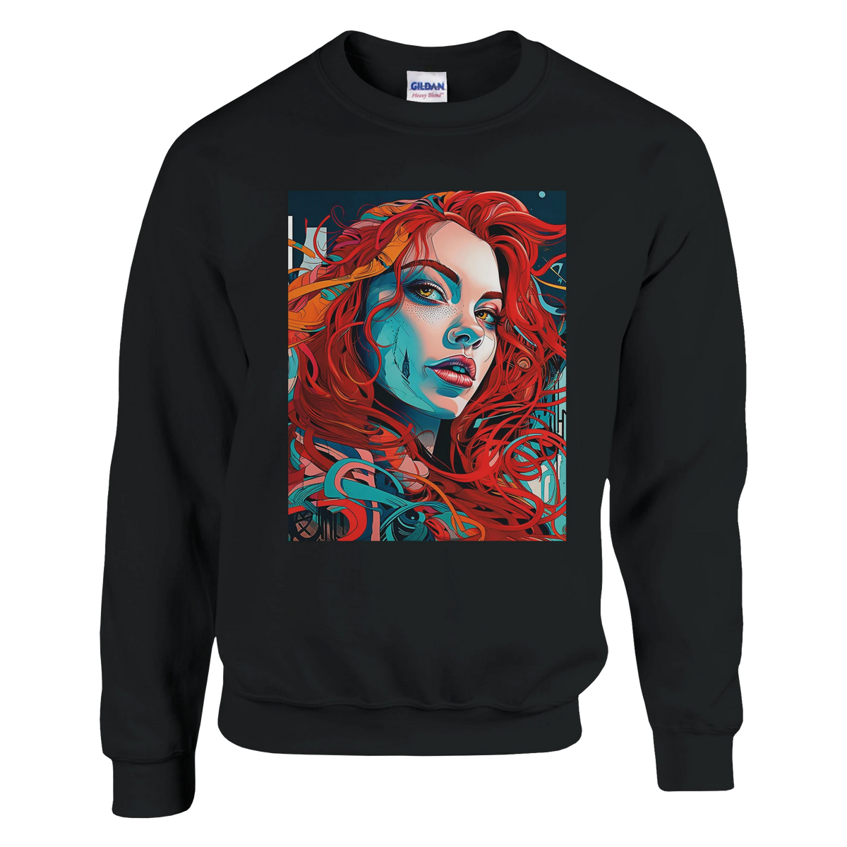 Black sweatshirt with a vivid pop-art portrait of a redhead woman.
