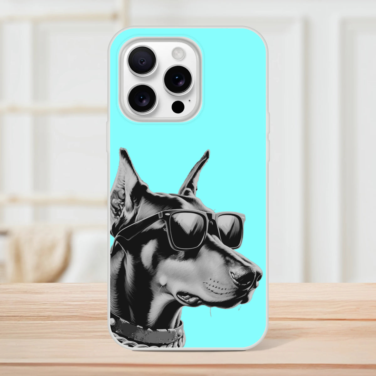 Cool Dog iPhone Case (13-16) in teal with retro aesthetic, slim matte finish, dog illustration, shock-absorbing TPU