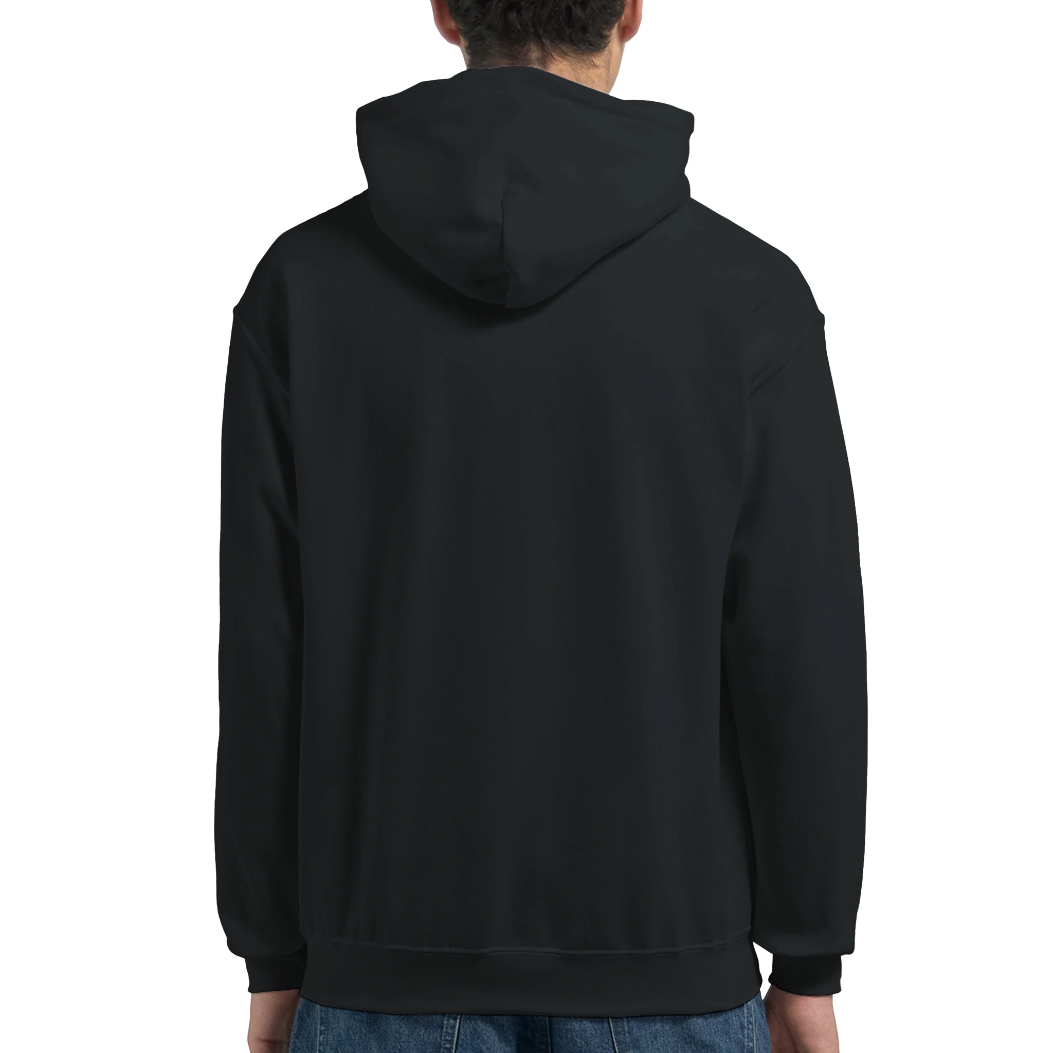 Back view of black Men's Wanted Teddy Bear Hoodie, 50/50 cotton-polyester blend, bold graphic sweatshirt.
