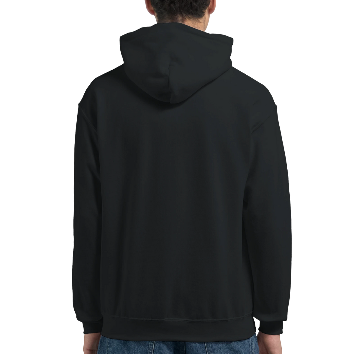 Back view of black Men's Wanted Teddy Bear Hoodie, 50/50 cotton-polyester blend, bold graphic sweatshirt.