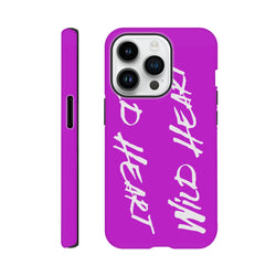 Vivid purple tough iPhone case featuring bold white "Wild Heart" slogan text and shock-absorbing streetwear design for Models 13-16.