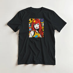 Black t-shirt featuring a colourful 70s retro pop art girl print with red hair and bold geometric shapes.