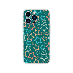 Retro multicolour star iPhone case (13-16) with Y2K aesthetic star print on teal background.
