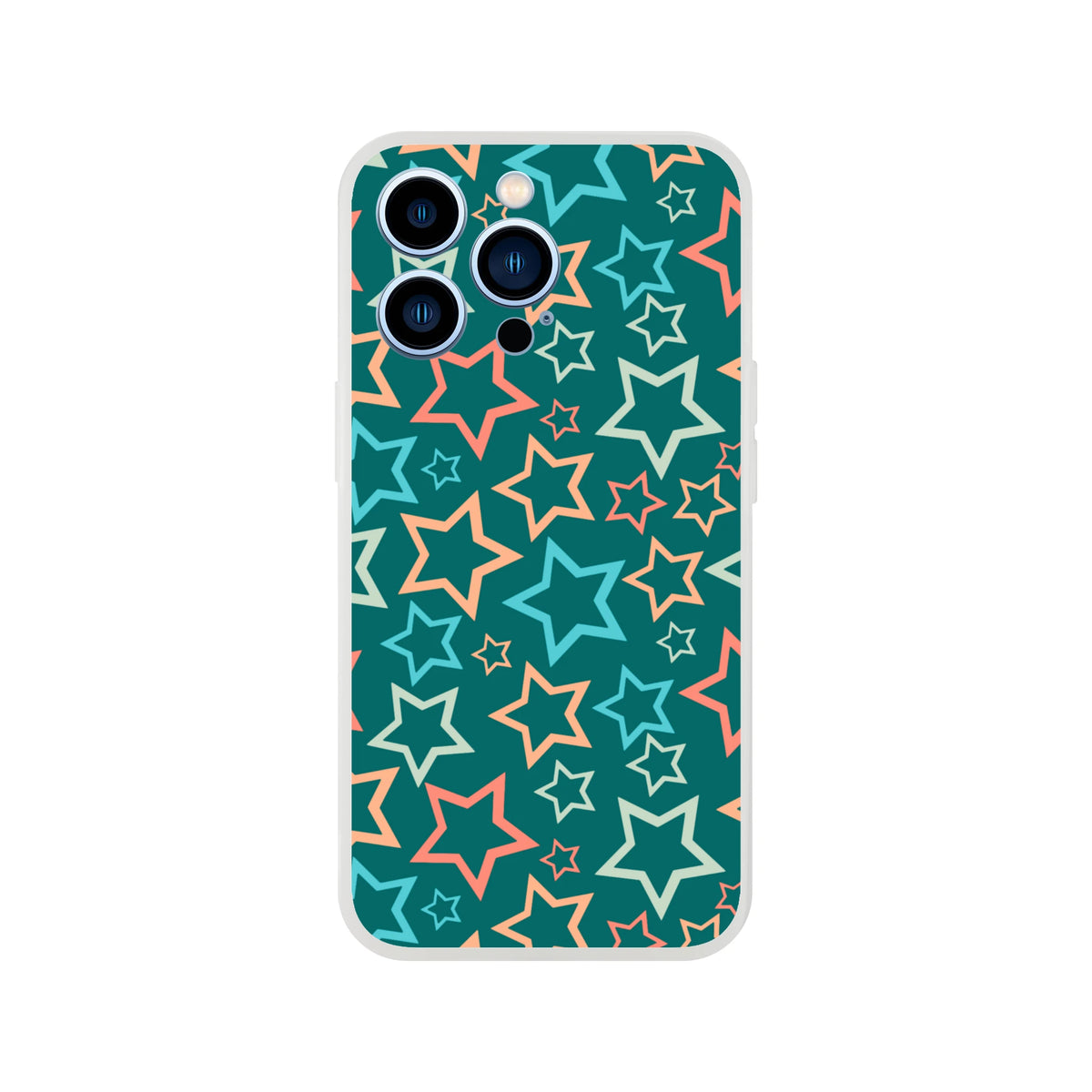 Retro multicolour star iPhone case (13-16) with Y2K aesthetic star print on teal background.