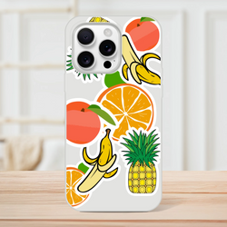 Clear iPhone case featuring bold tropical fruit sticker graphics of oranges, bananas, and pineapples for a vibrant streetwear look.