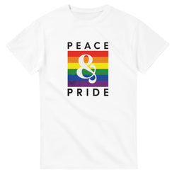 White Pride LGBTQ graphic T-shirt with rainbow square and large ampersand Peace & Pride design