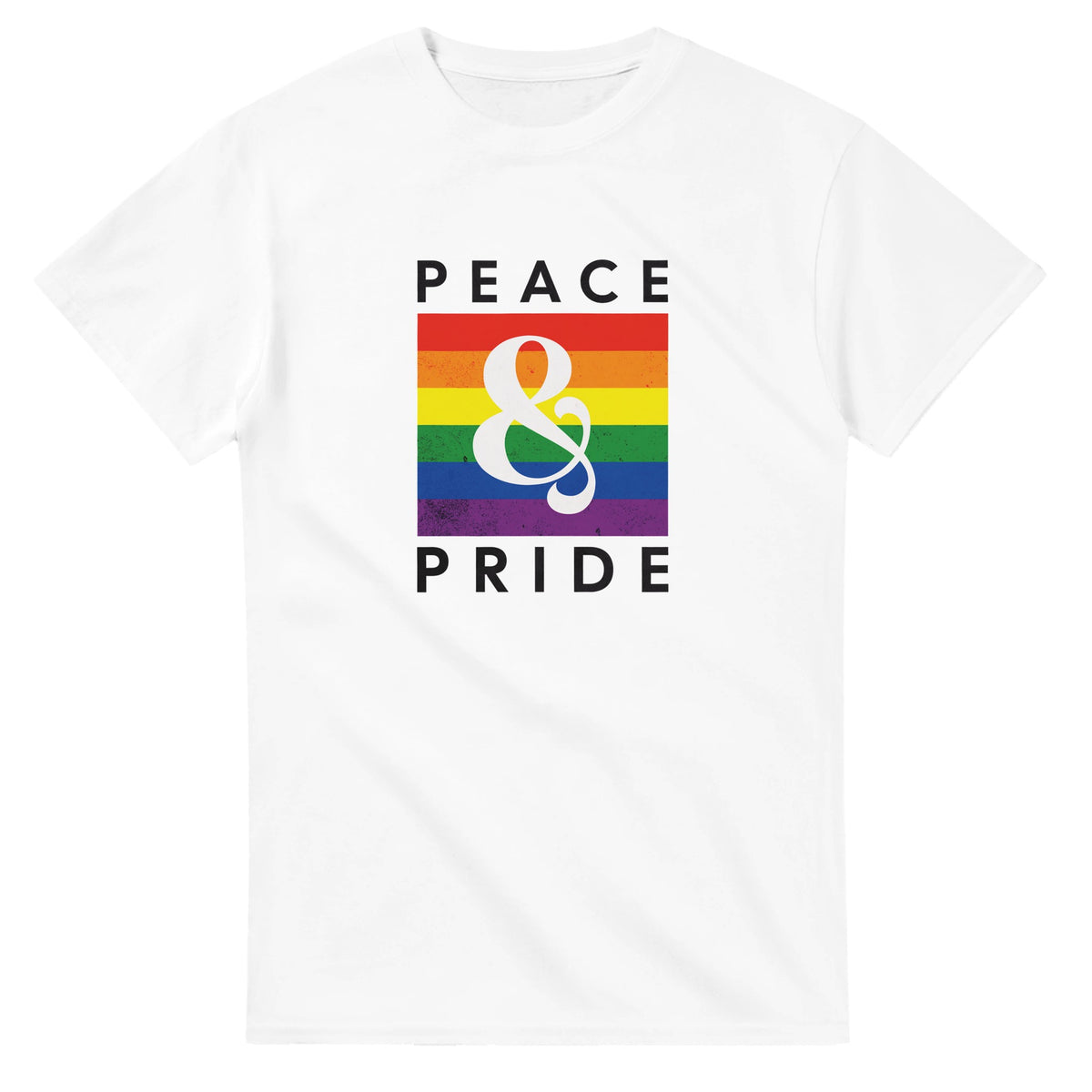 White Pride LGBTQ graphic T-shirt with rainbow square and large ampersand Peace & Pride design