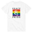 White Pride LGBTQ graphic T-shirt with rainbow square and large ampersand Peace & Pride design