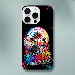 iPhone case featuring a lowered modified car, rainbow palm trees, and colorful "TUCKED" lettering with paint splatters on black.