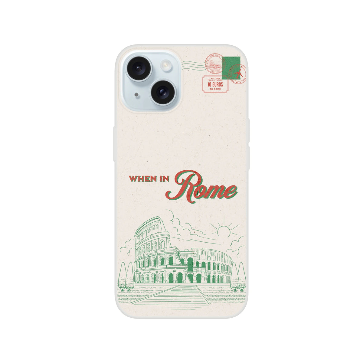 Vintage postcard-style iPhone case for iPhone 13-16 with Rome design, Colosseum illustration and When in Rome text.